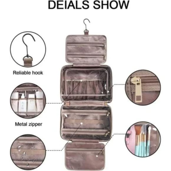 Toiletry Bag and Makeup Pouch For Full Sized Beige Leather Travel Case - Picture 2 of 7